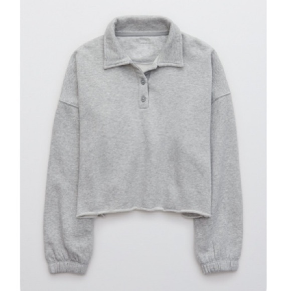 Aerie Heather Gray Cropped Polo Sweatshirt - Picture 1 of 2